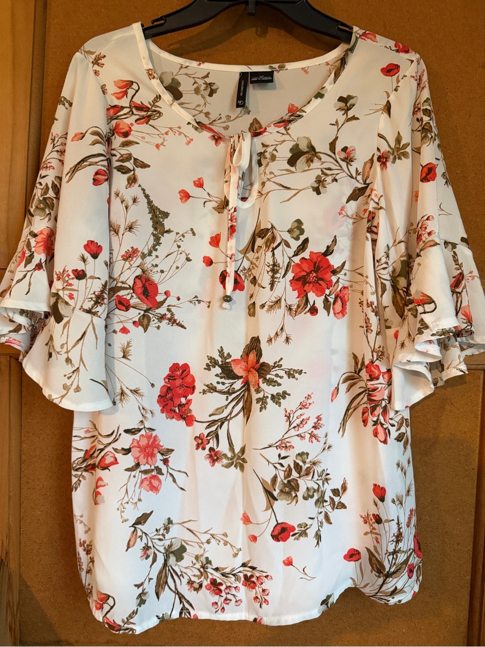 new directions Cream Blouse with Coral & Olive Floral Print